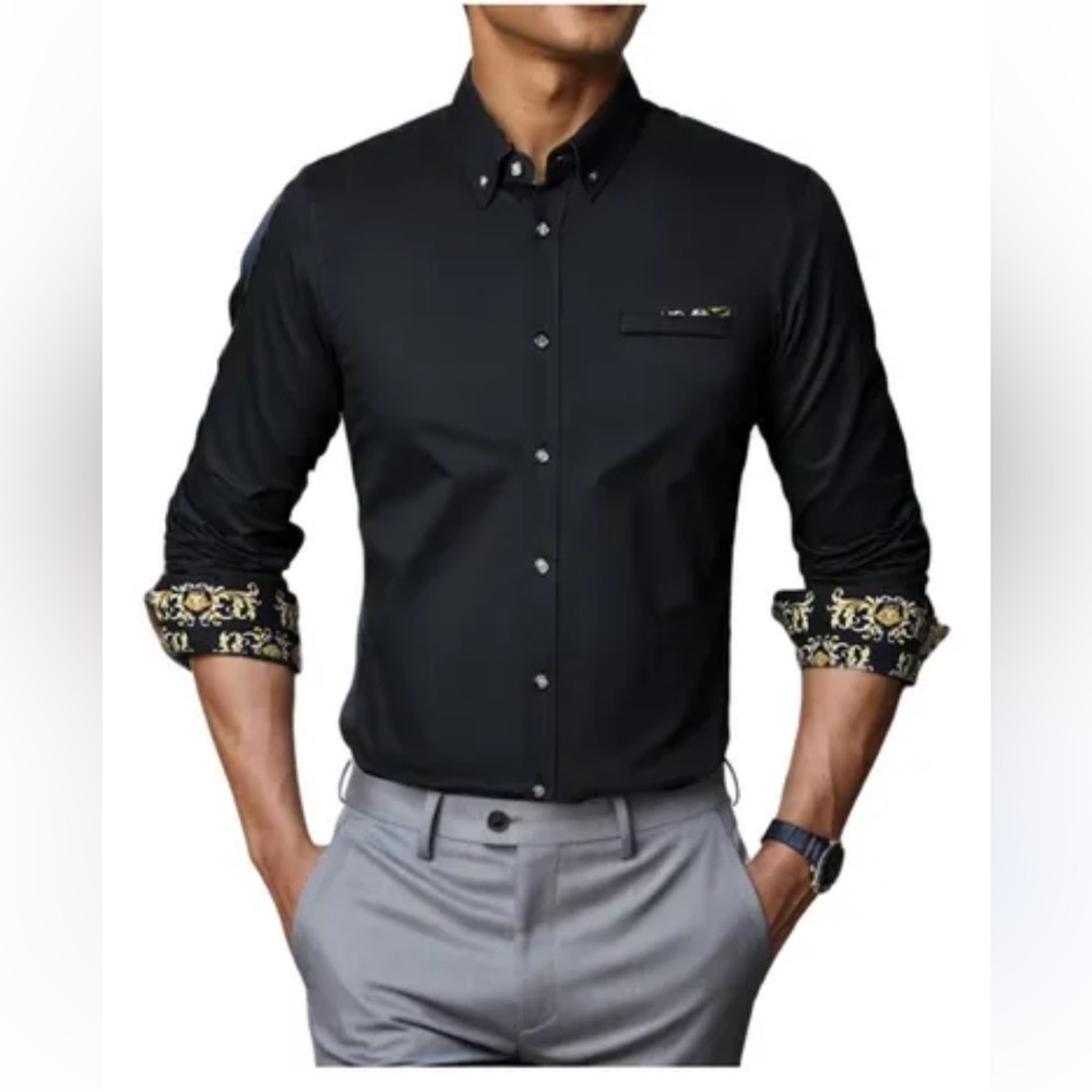 Men's Black Dress Shirt with Patterned Accents